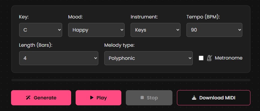 Screenshot of the MIDY AI Melody Generator interface